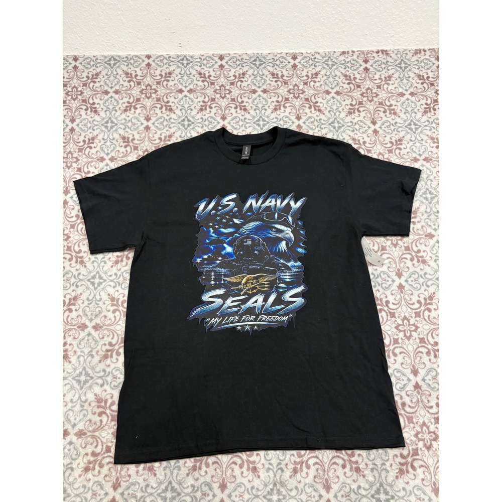 Gildan US Navy Seals My Life For Freedom Graphic T-Shirt Black Large L NEW